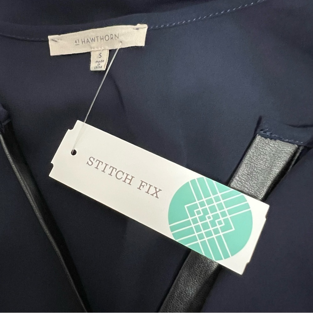 Stitch Fix 41 Hawthorn Woodling Faux Leather Detail Blouse Sz Small Semi Sheer - Picture 8 of 14